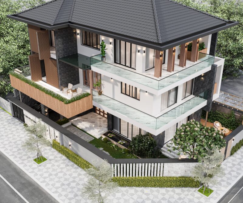 Mẫu nhà phố 3 tầng thiết kế mái Thái