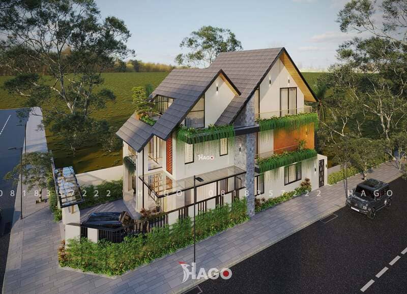 Mẫu biệt thự 2 tầng có gara ô tô và sân vườn